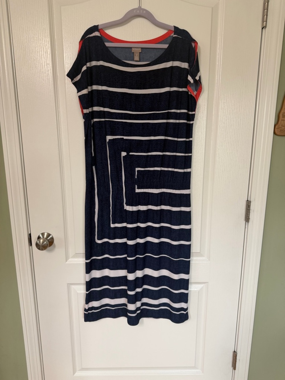 Chico's Navy/White Striped Dress,Coral Trim, waist elastic, sz Med- Lg